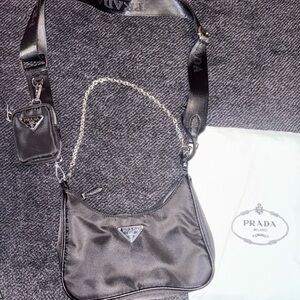 Authentic Prada Black Nylon Shoulder Bag with Chain and Logo Strap